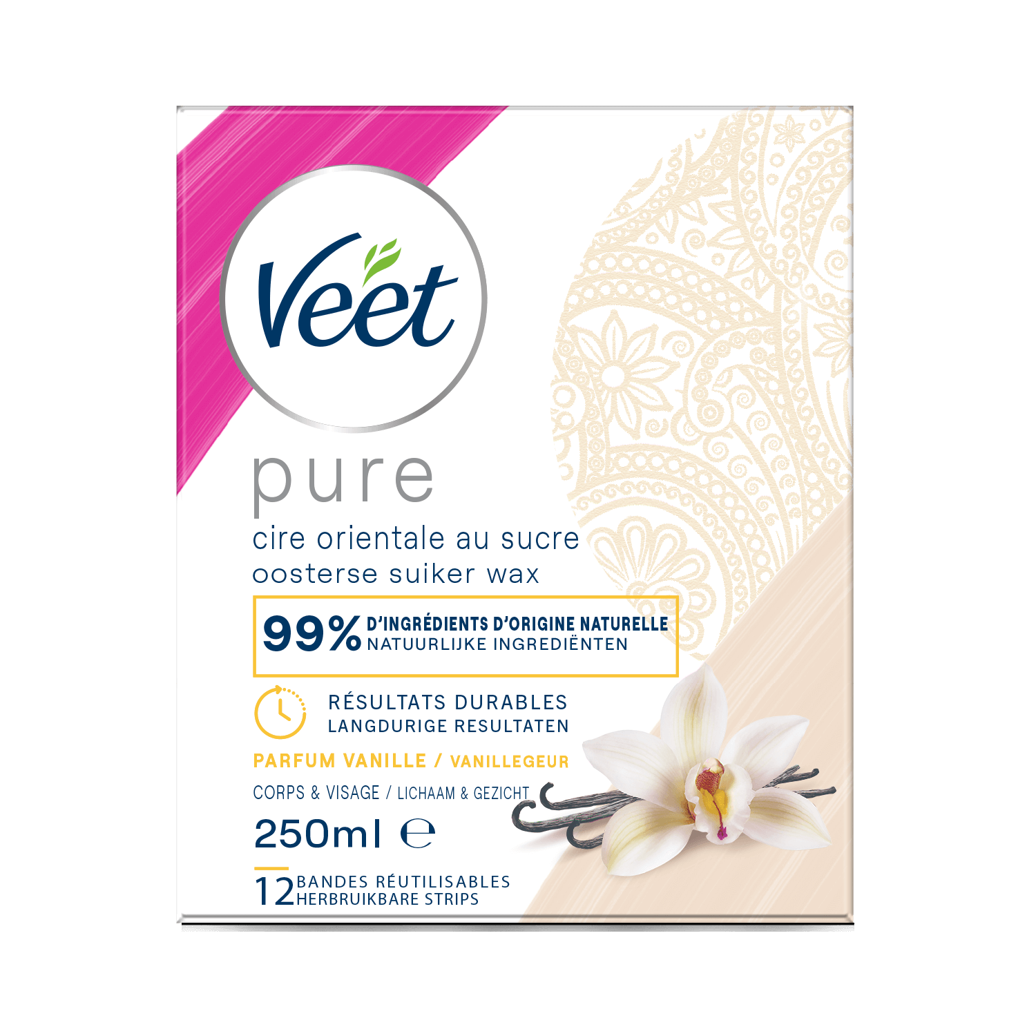 Veet Pure Cire chaude orientale au sucre parfum vanille – Visage & Corps, 250ml | Veet